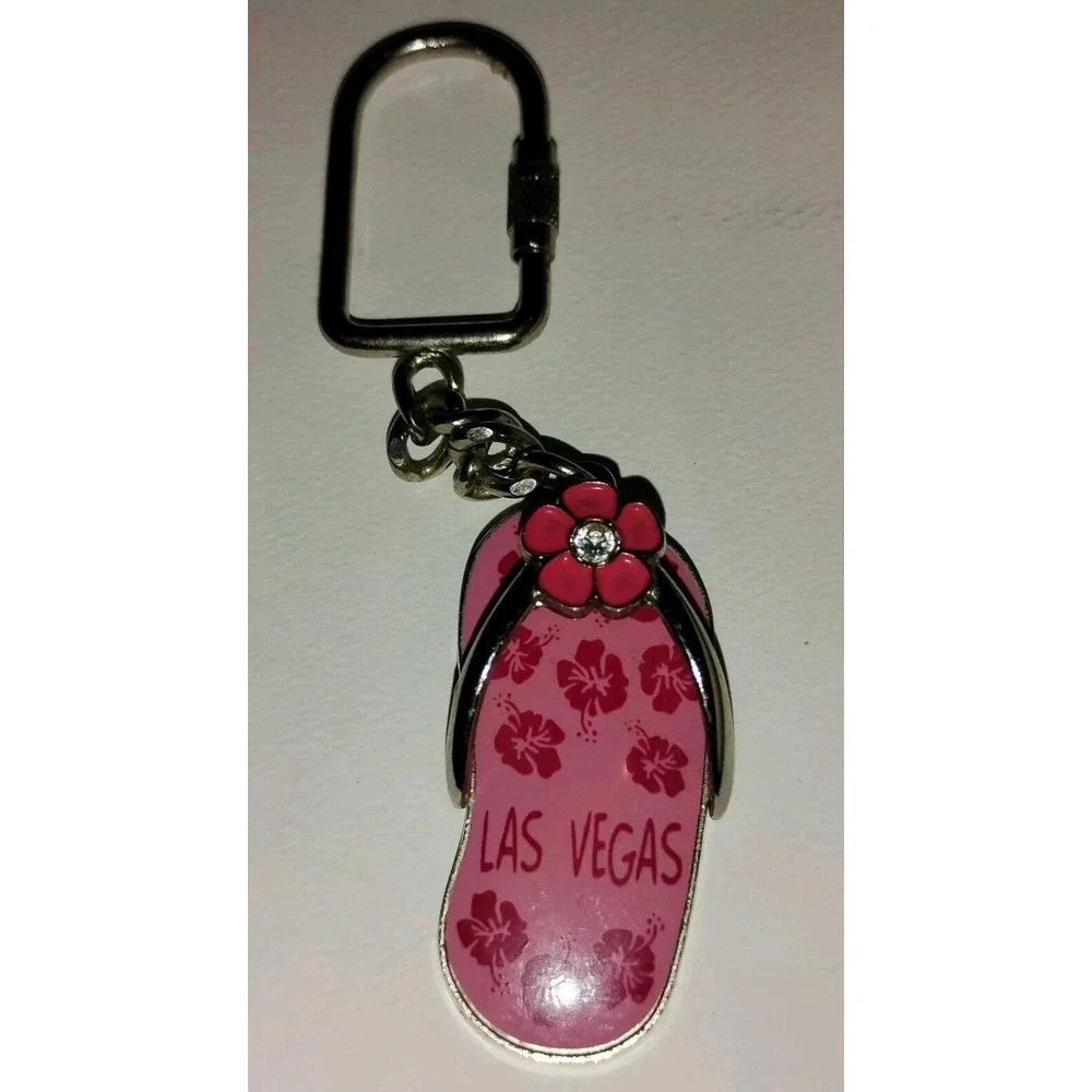 Vtg Flip-Flop Keychain Las Vegas souvenir Keyring Pink flowers crystal metal